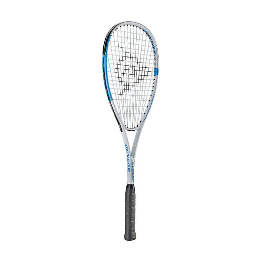 Dunlop Blaze Inferno squash racket with black and orange design, lightweight frame, and grip handle for competitive play.