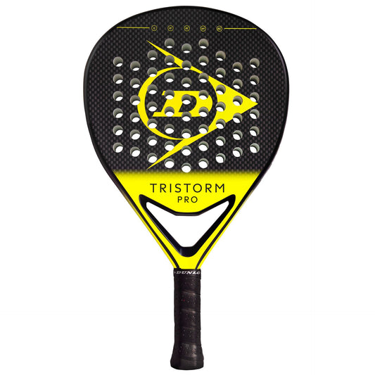 Dunlop Tristorm Pro padel racket with black and yellow design, sporting goods for tennis and paddle sports.
