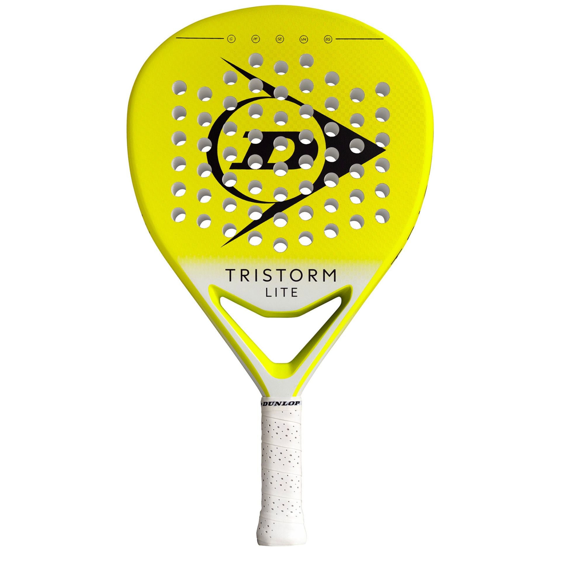 Dunlop Tristorm Lite padel racket with black and red design, lightweight sports equipment for padel tennis gameplay.
