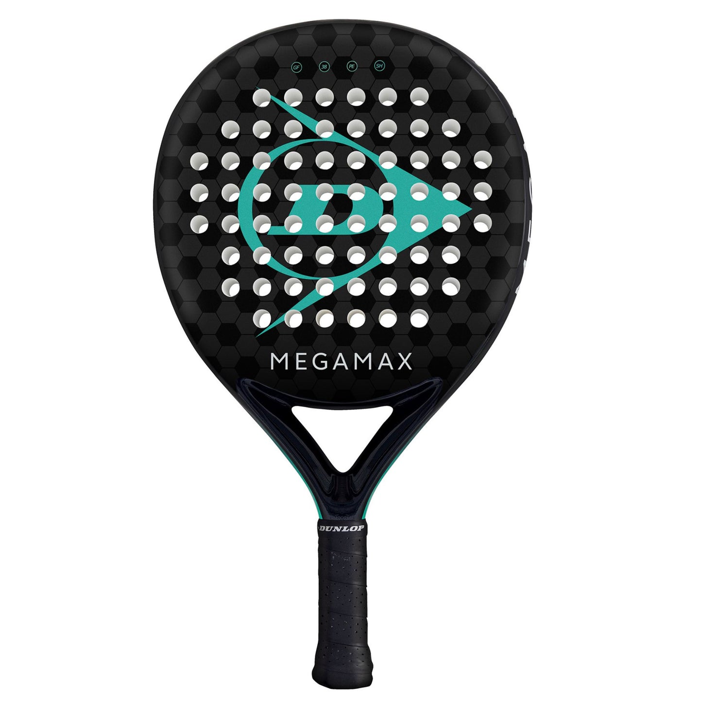 Dunlop Megamax Padel Racket with black and teal design, ergonomic grip, and lightweight frame for enhanced paddle tennis performance.