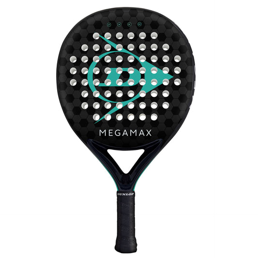 Dunlop Megamax padel racket with black and yellow design, showing the brand logo and grip handle for sporting goods.