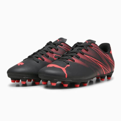 Puma Attacanto FG/AG football boots with black and red design, featuring studded soles for firm ground and artificial turf play.