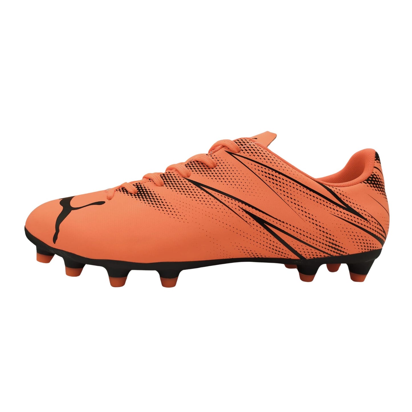 Puma Attacanto FG/AG football boots with black and white design, featuring studded soles for firm ground and artificial turf play.