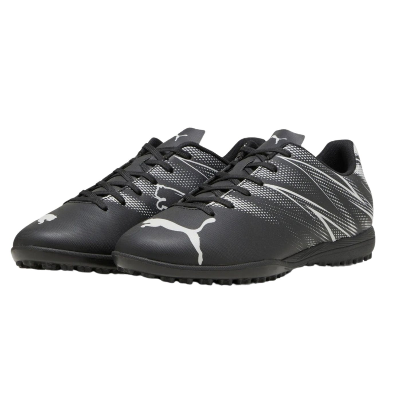 Puma Attacanto TT astro turf football boots showing black and white design with cleats for outdoor soccer.