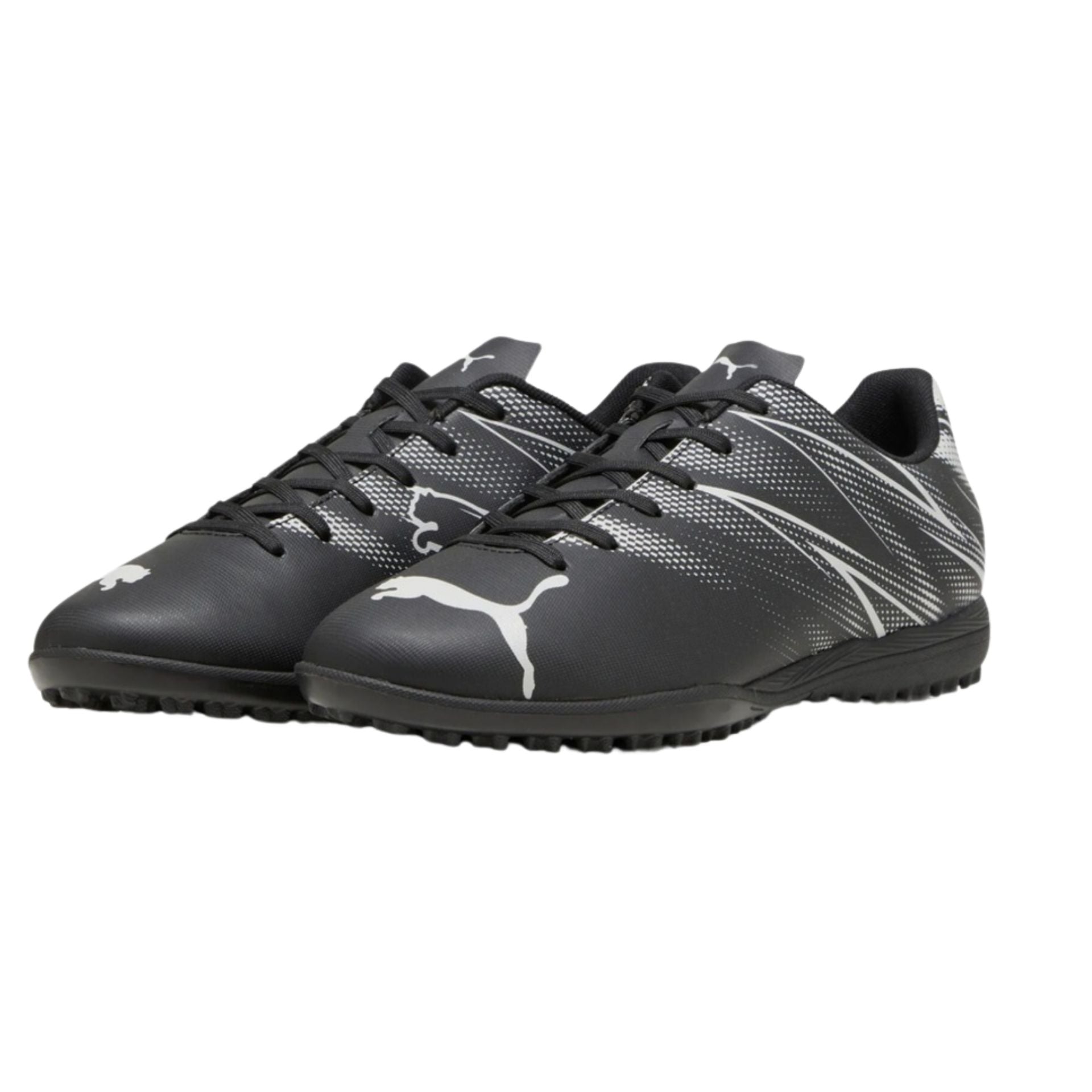 Puma Attacanto TT astro turf football boots with black and white design, featuring synthetic upper and studded sole for outdoor play.