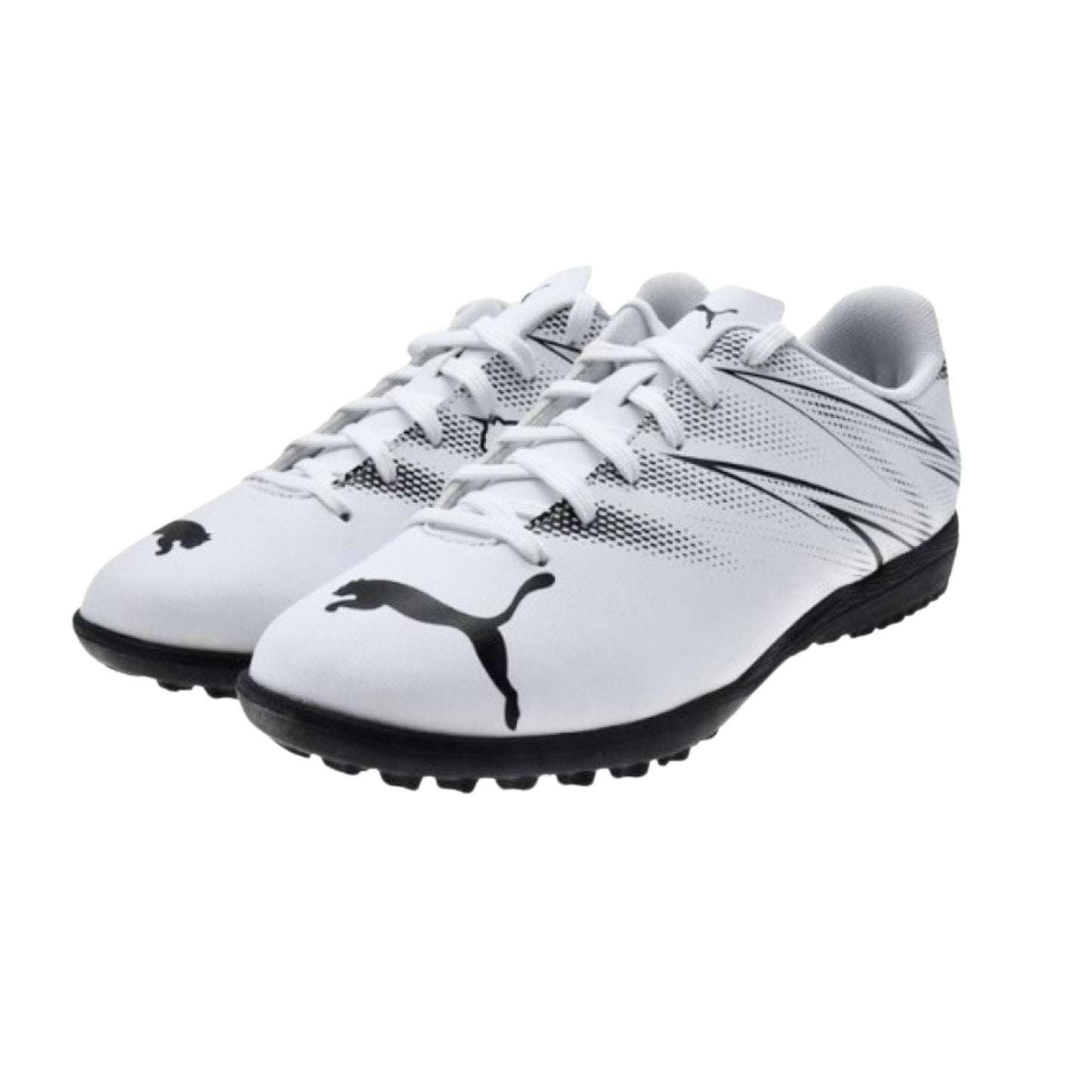 Puma Attacanto TT astro turf football boots with black and white design, featuring textured sole for enhanced grip and control.