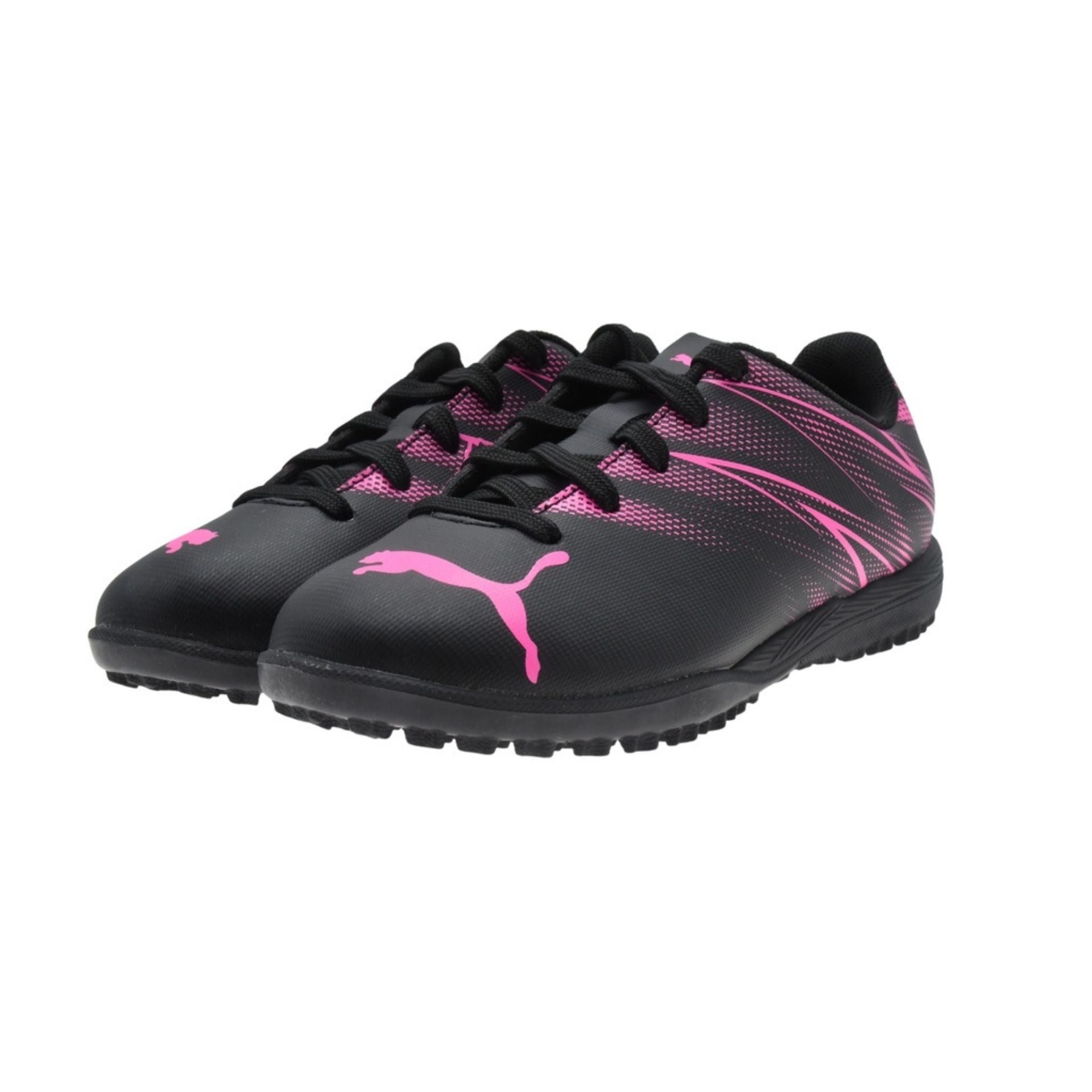 Puma Attacanto TT astro turf football boots with black and red design, durable synthetic upper, and cleated sole for outdoor play.