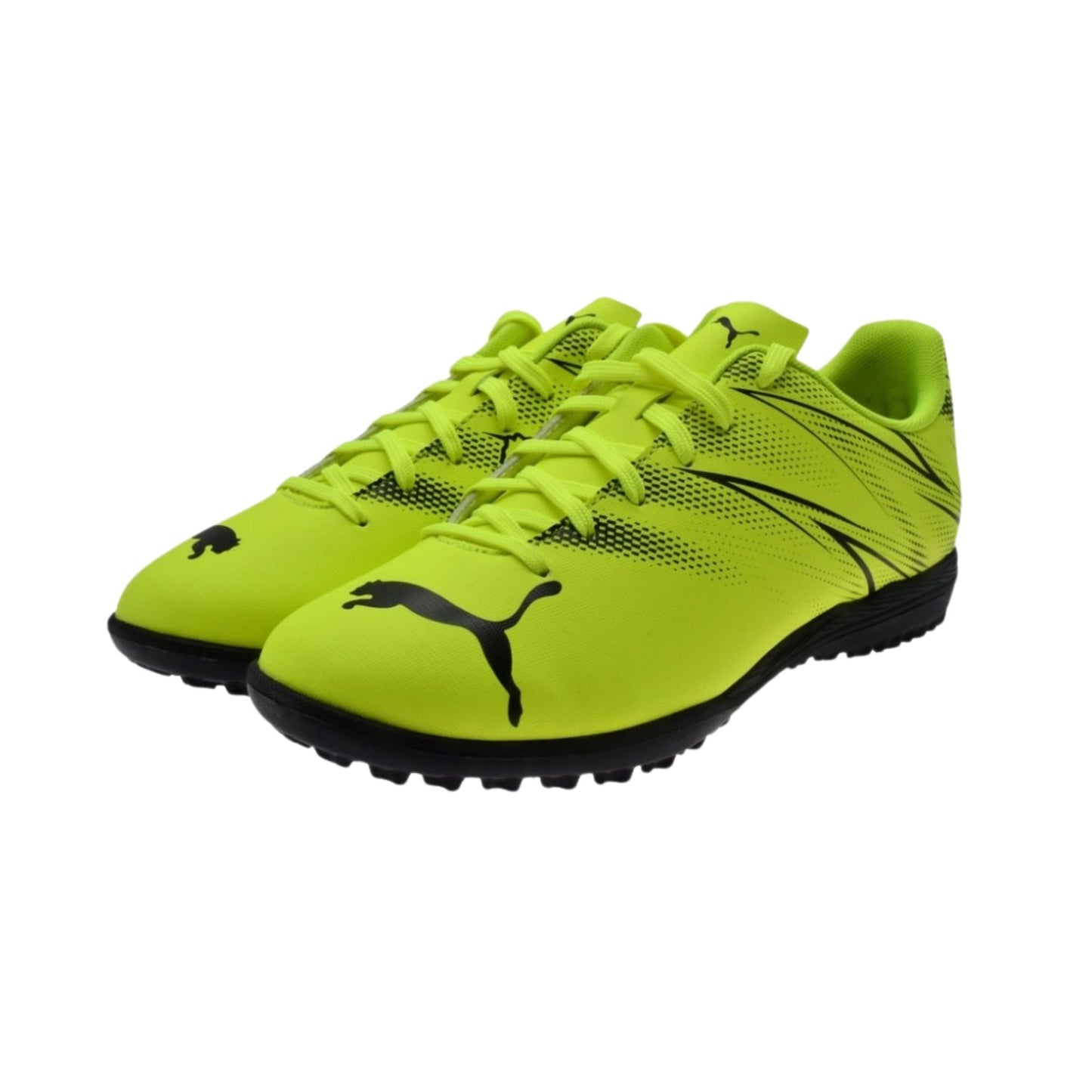 Puma Attacanto TT astro turf football boots with black and orange design, featuring textured upper and rubber outsole for traction.
