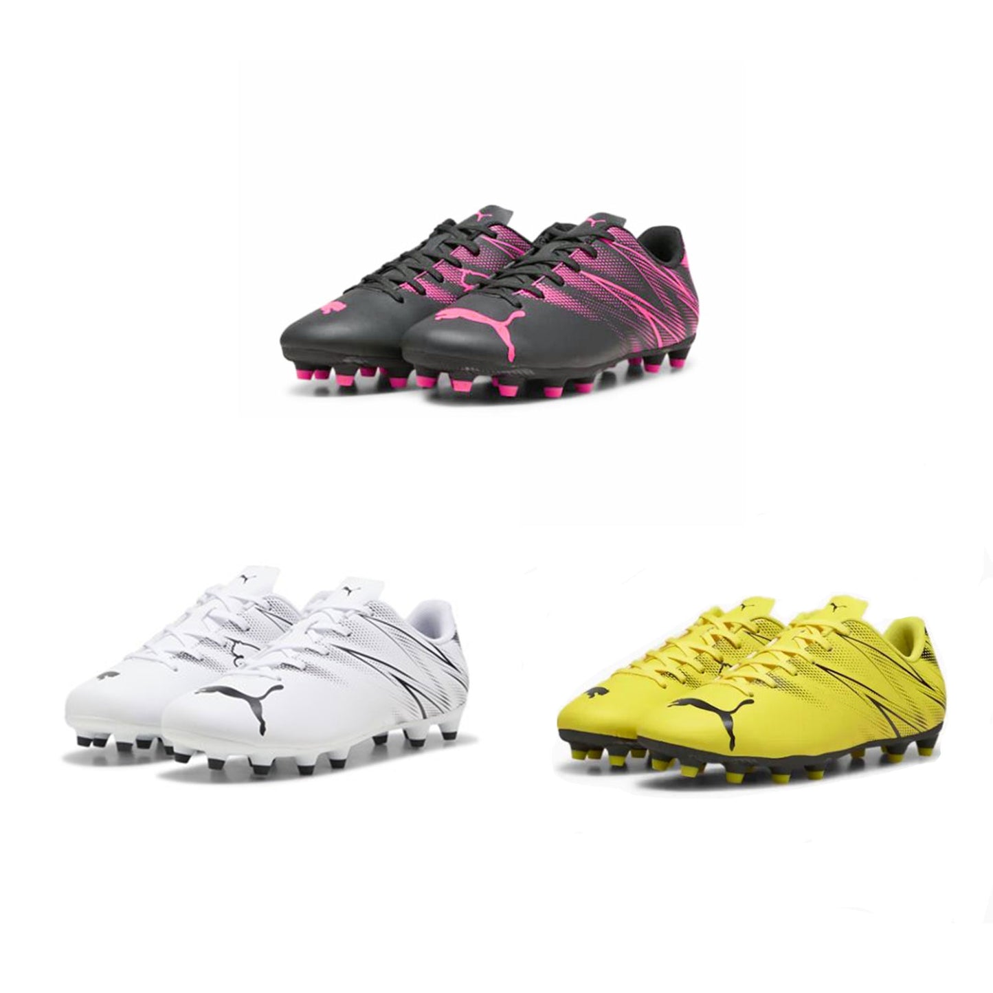Puma Attacanto Junior FG/AG football boots with black and white design, suitable for firm and artificial ground surfaces.