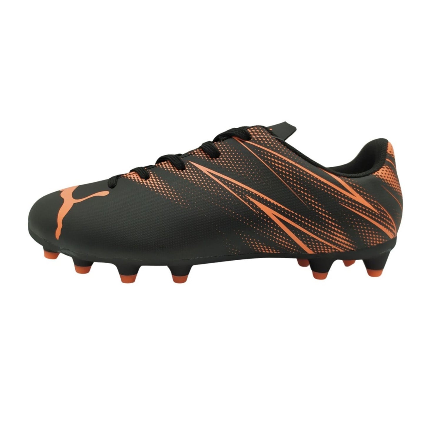 Puma Attacanto Junior FG/AG football boots with black and red design, suitable for soccer on firm and artificial grass surfaces.