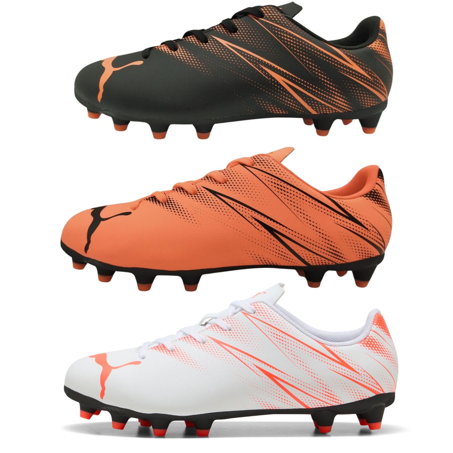 Puma Attacanto Junior FG/AG football boots with black and red design, suitable for grass and artificial turf playing surfaces.