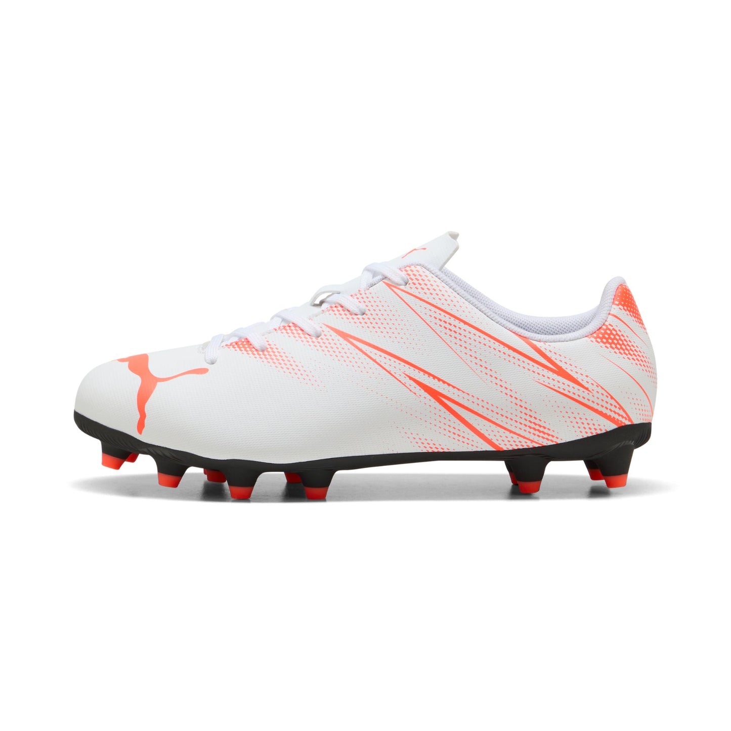 Puma Attacanto Junior FG/AG football boots with black and red design, synthetic upper, and studded sole for outdoor play.