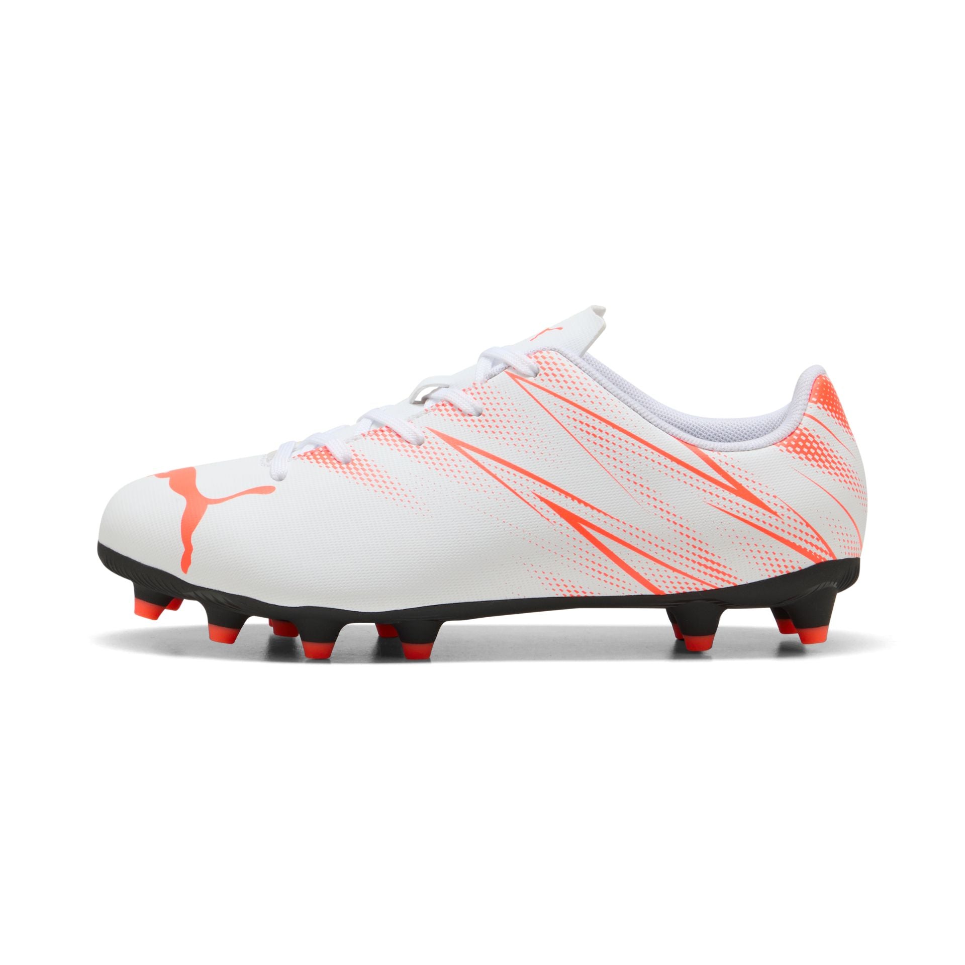 Puma Attacanto Junior FG/AG football boots with black and red design, featuring studded sole for firm ground and artificial turf.