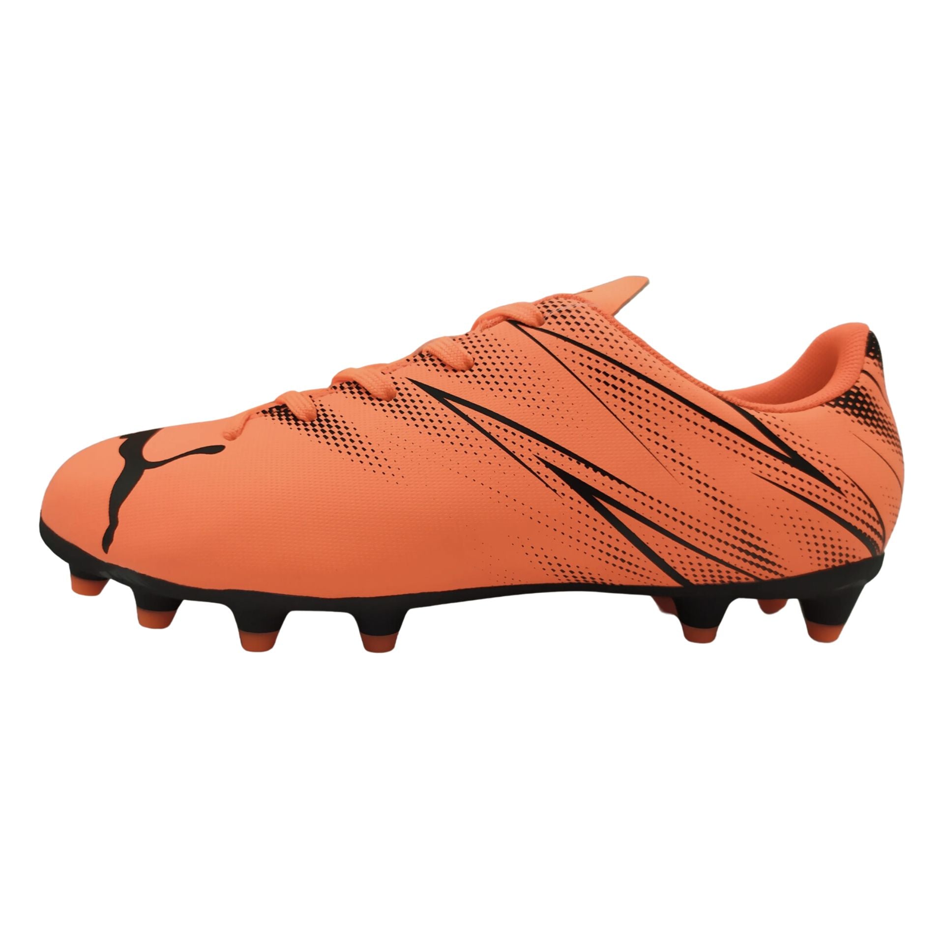 Puma Attacanto Junior FG/AG football boots in black with white accents, featuring studded soles for soccer play.