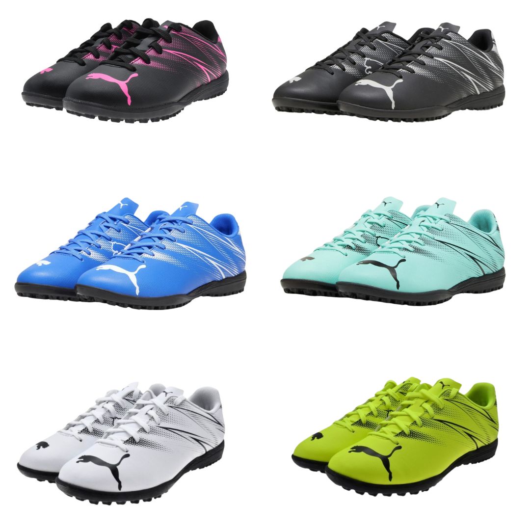 Puma Attacanto Junior TT football boots for astro turf with synthetic upper and grip sole, designed for young soccer players.