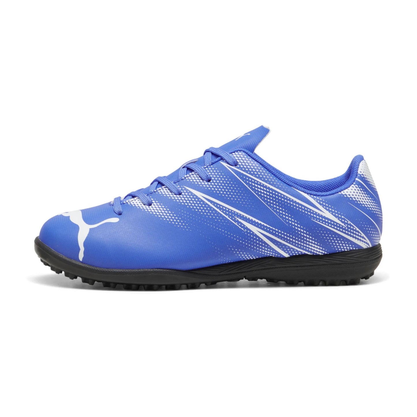 Puma Attacanto Junior TT football boots with synthetic upper and turf outsole, designed for young players on astro turf fields.