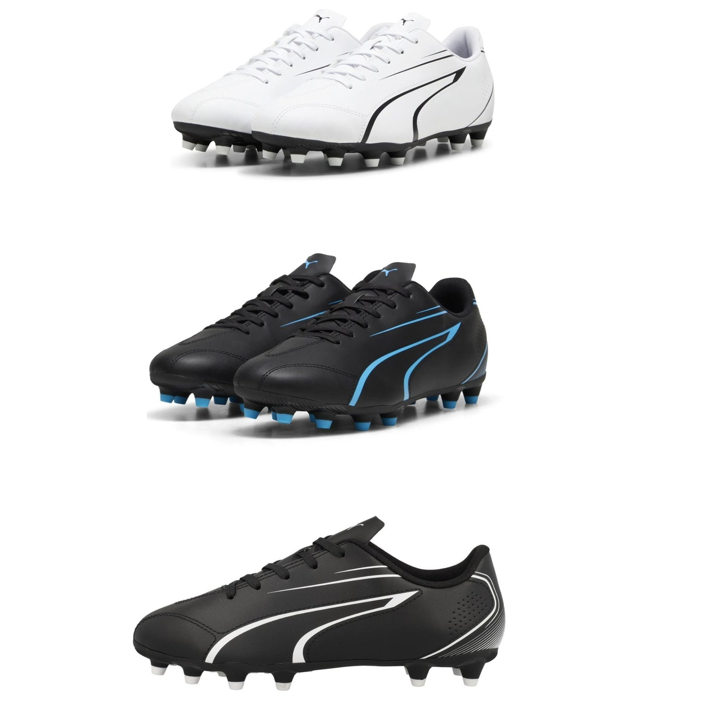 Puma Vitoria FG/AG football boots with black and white design, suitable for firm ground and artificial grass playing surfaces.