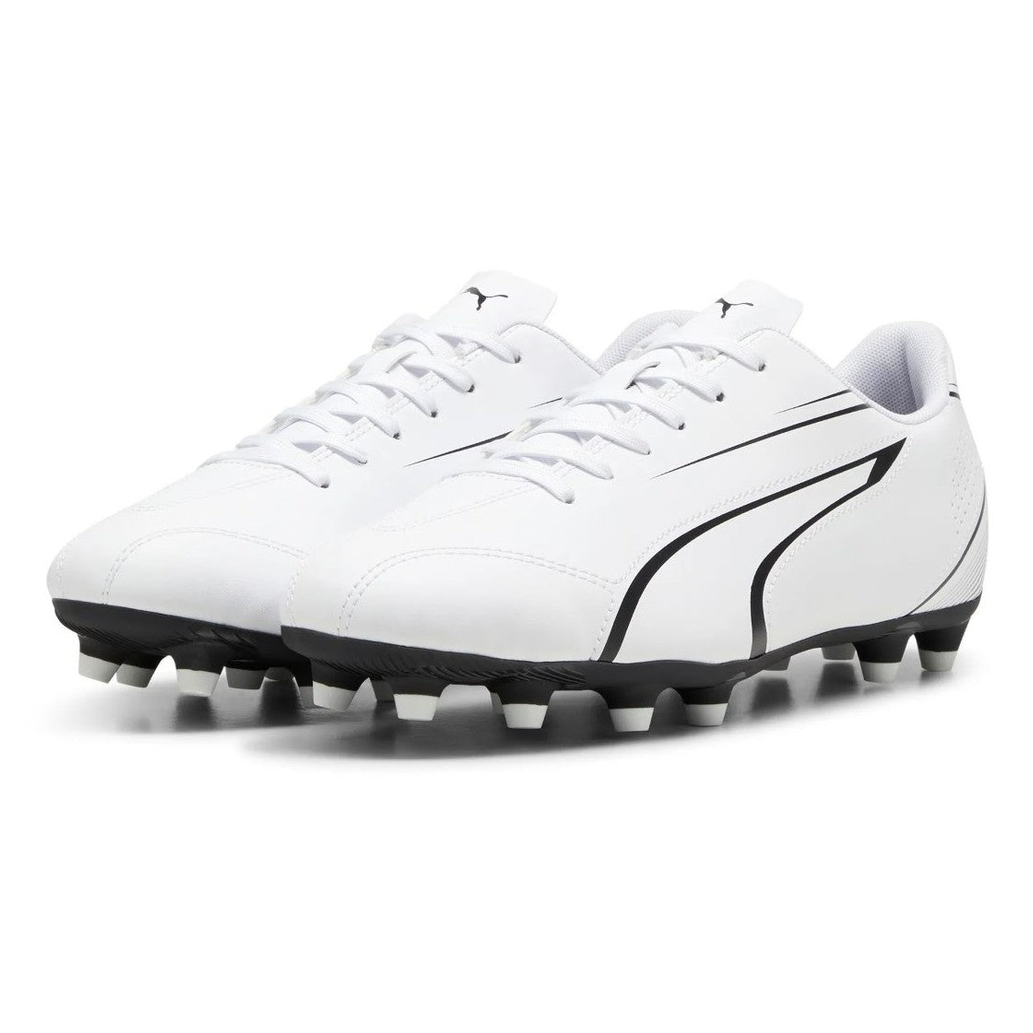 Puma Vitoria FG/AG football boots with black and white design, featuring synthetic upper and studded sole for outdoor soccer games.
