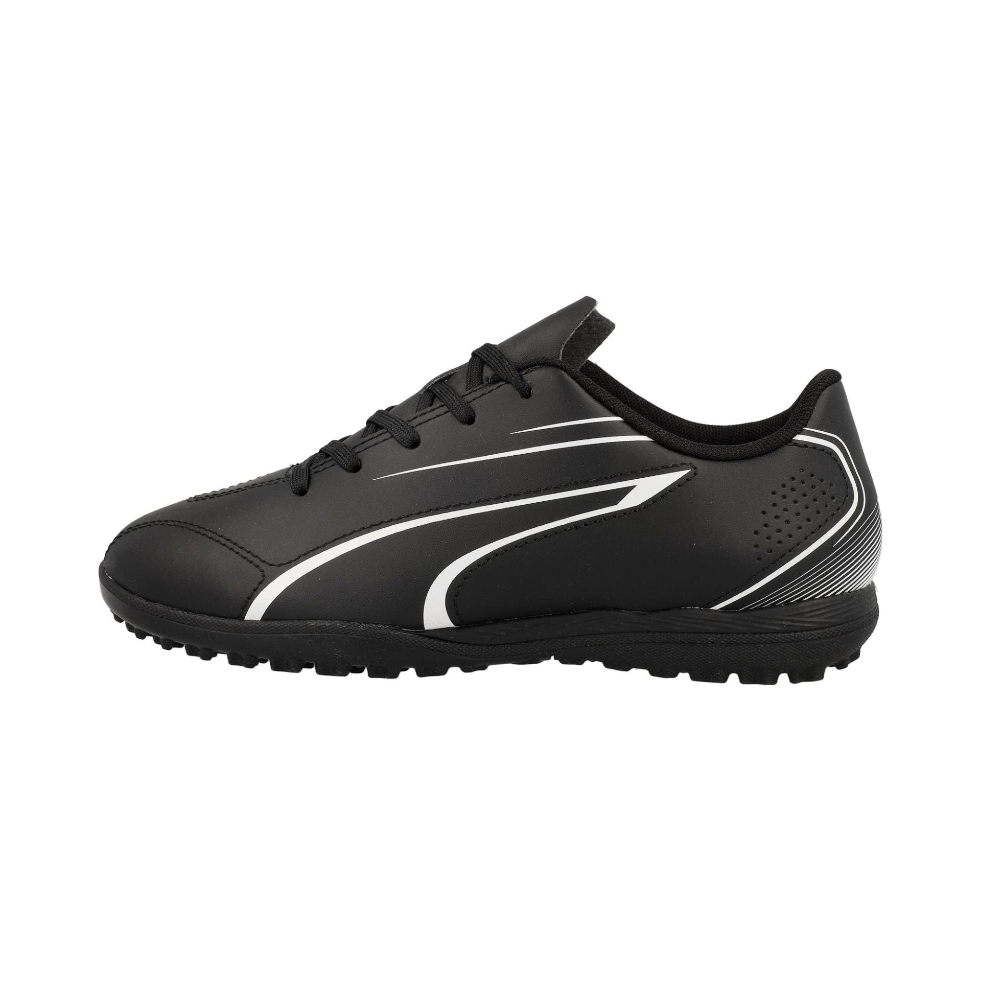 Puma Vitoria TT astro turf football boots with black and white design, designed for enhanced grip and performance on turf surfaces.