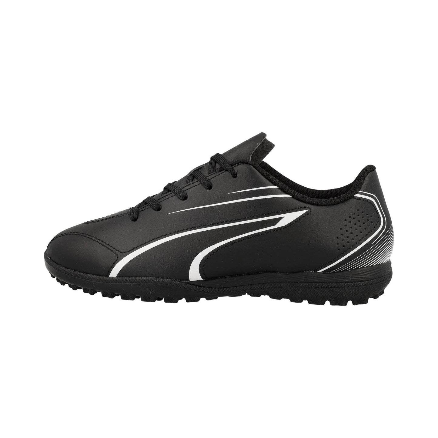 Puma Vitoria TT astro turf football boots with black and white design, synthetic upper, and rubber outsole for enhanced grip.