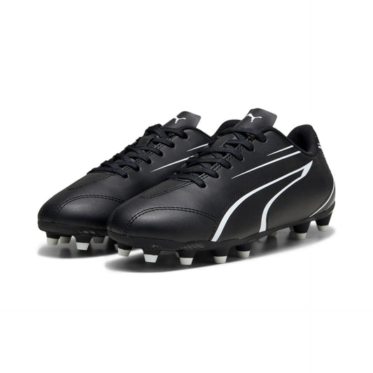 Puma Vitoria FG/AG junior football boots with black and white design, designed for optimal grip and performance on the field.