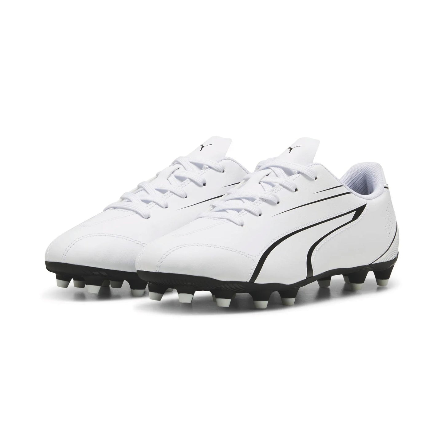 Puma Vitoria FG/AG junior football boots with black and white design, suitable for firm ground and artificial turf playing surfaces.