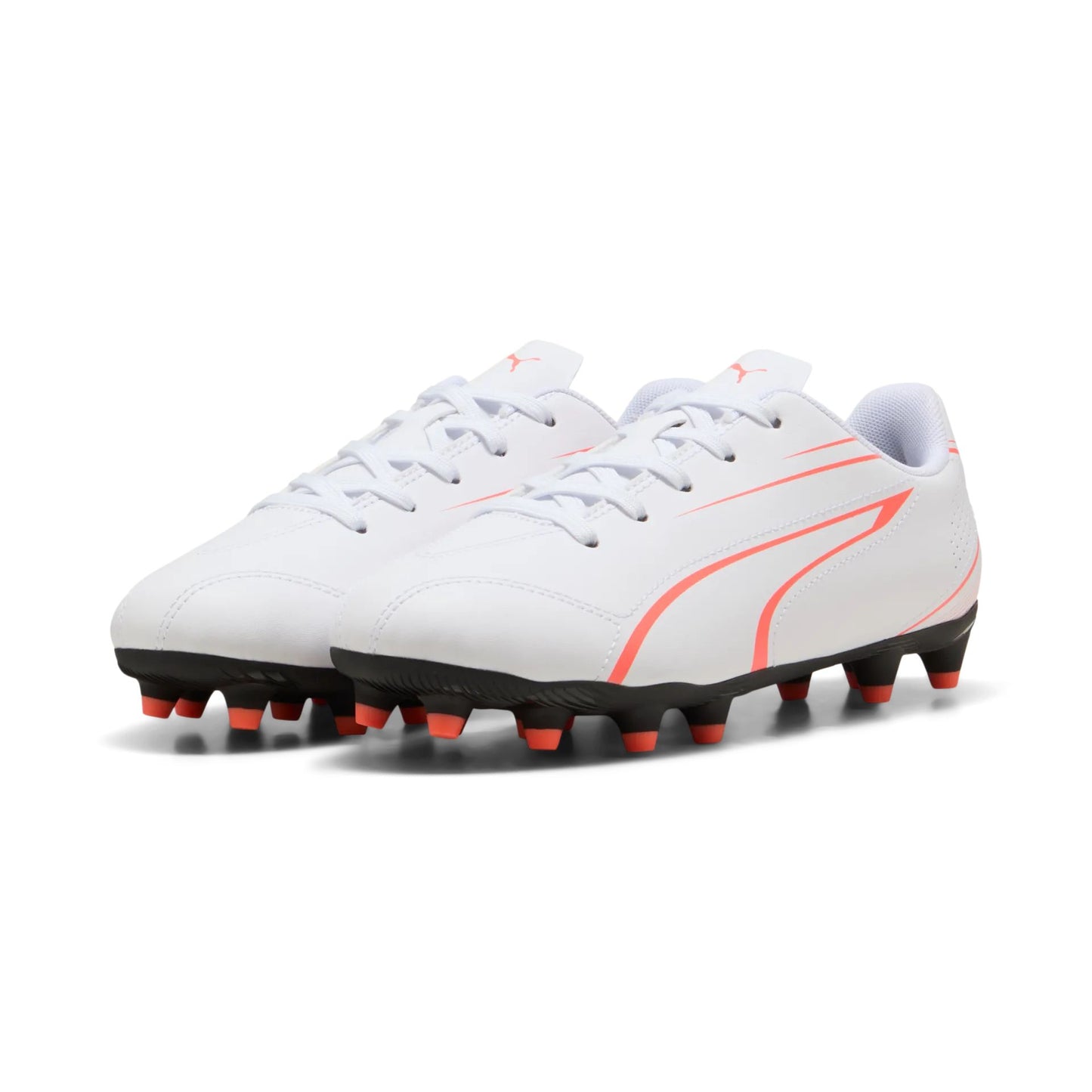 Puma Vitoria FG/AG junior football boots with black and white design, featuring studded sole for outdoor and artificial grass play.
