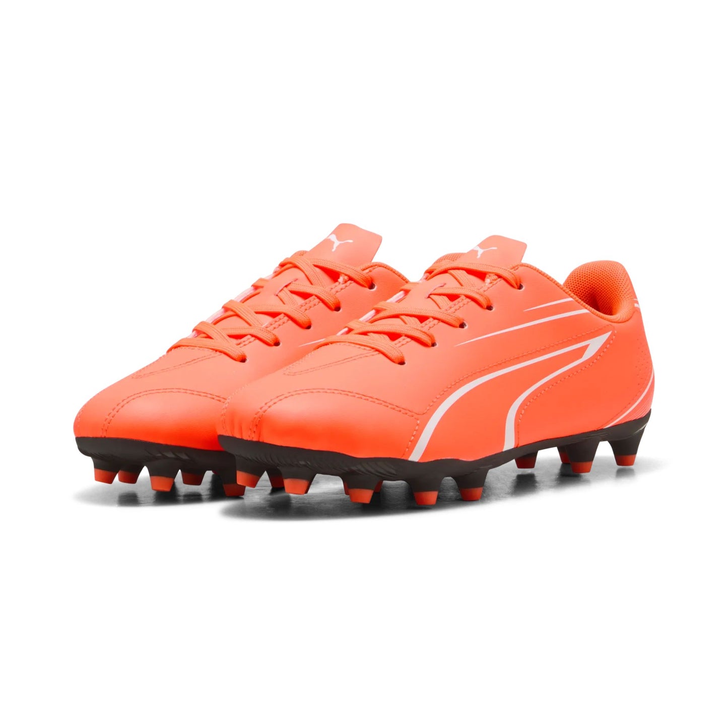 Puma Vitoria FG/AG junior football boots with black and red design, featuring synthetic upper and studded sole for firm ground and artificial pitches.