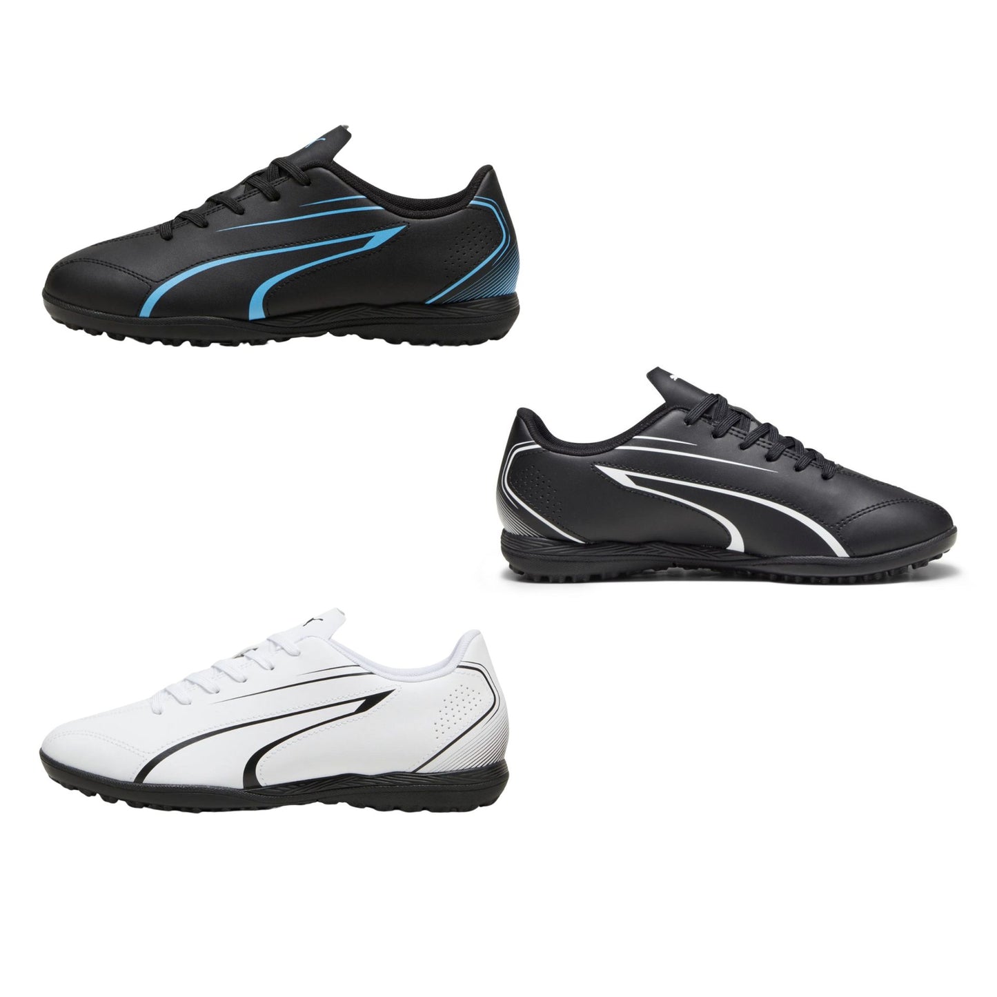 Puma Vitoria TT junior football boots with synthetic upper and rubber outsole for astro turf playing surfaces.