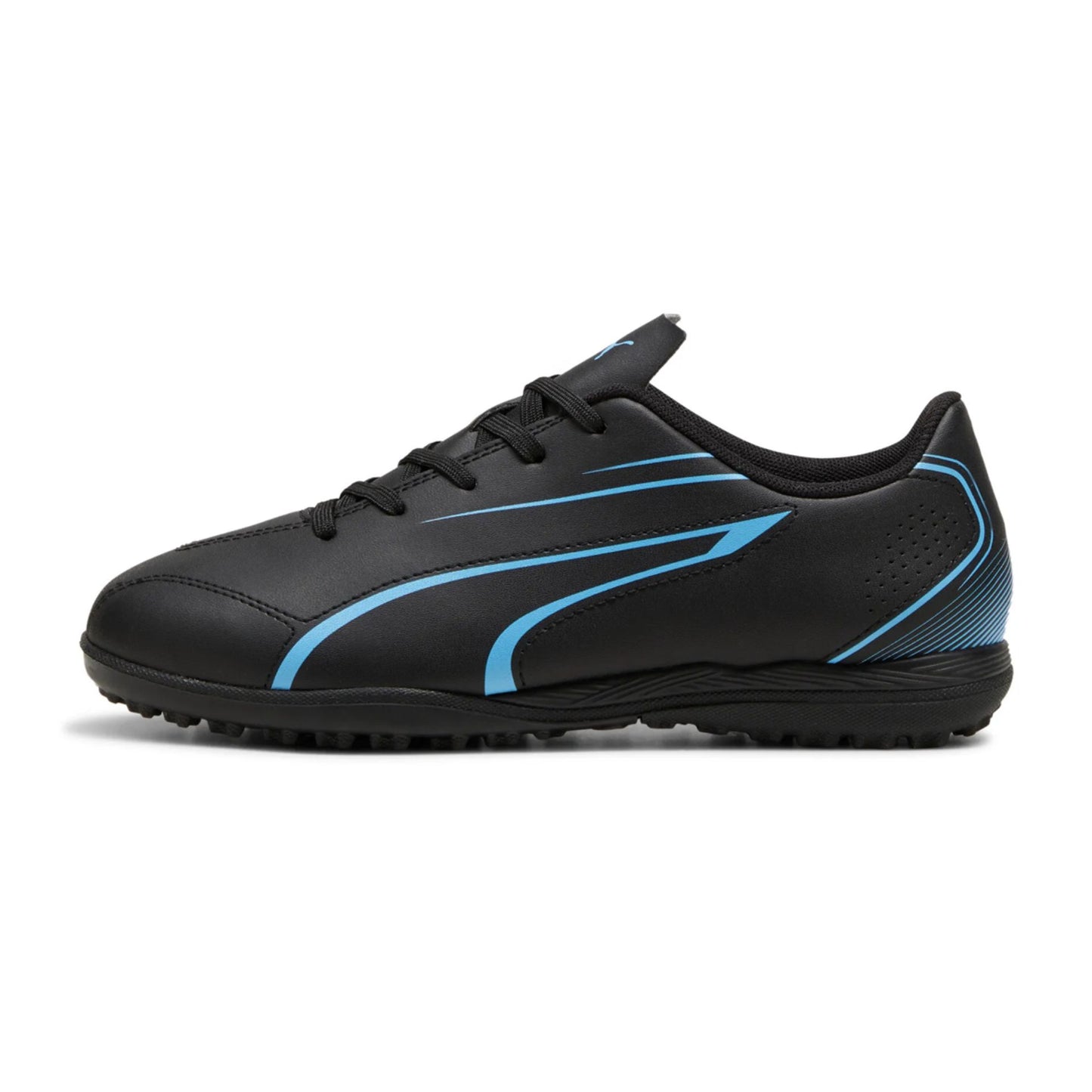 Puma Vitoria TT junior football boots designed for astro turf, featuring a sleek black and red color scheme and synthetic upper.