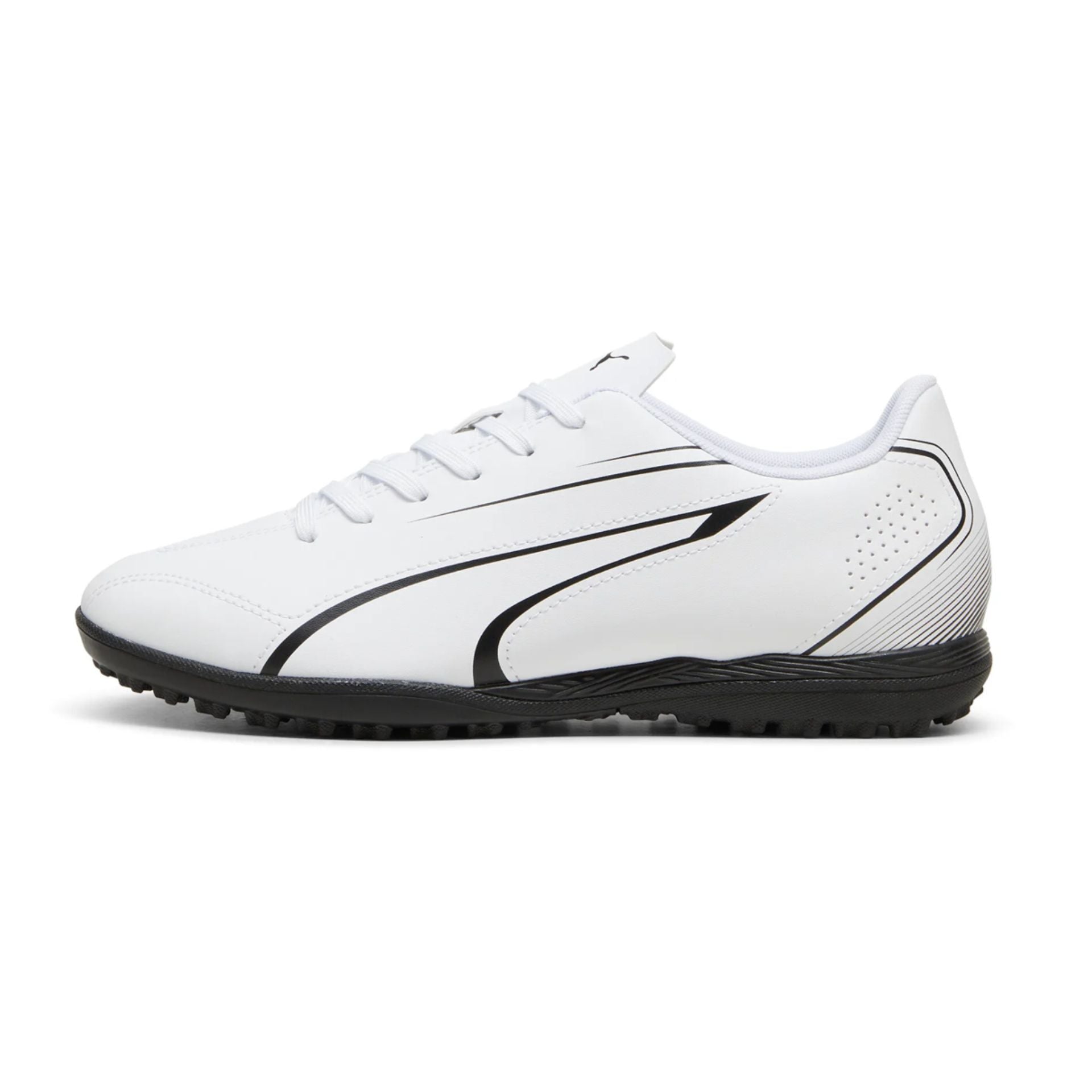 Puma Vitoria TT junior football boots with orange and black design, suitable for astro turf playing surfaces.