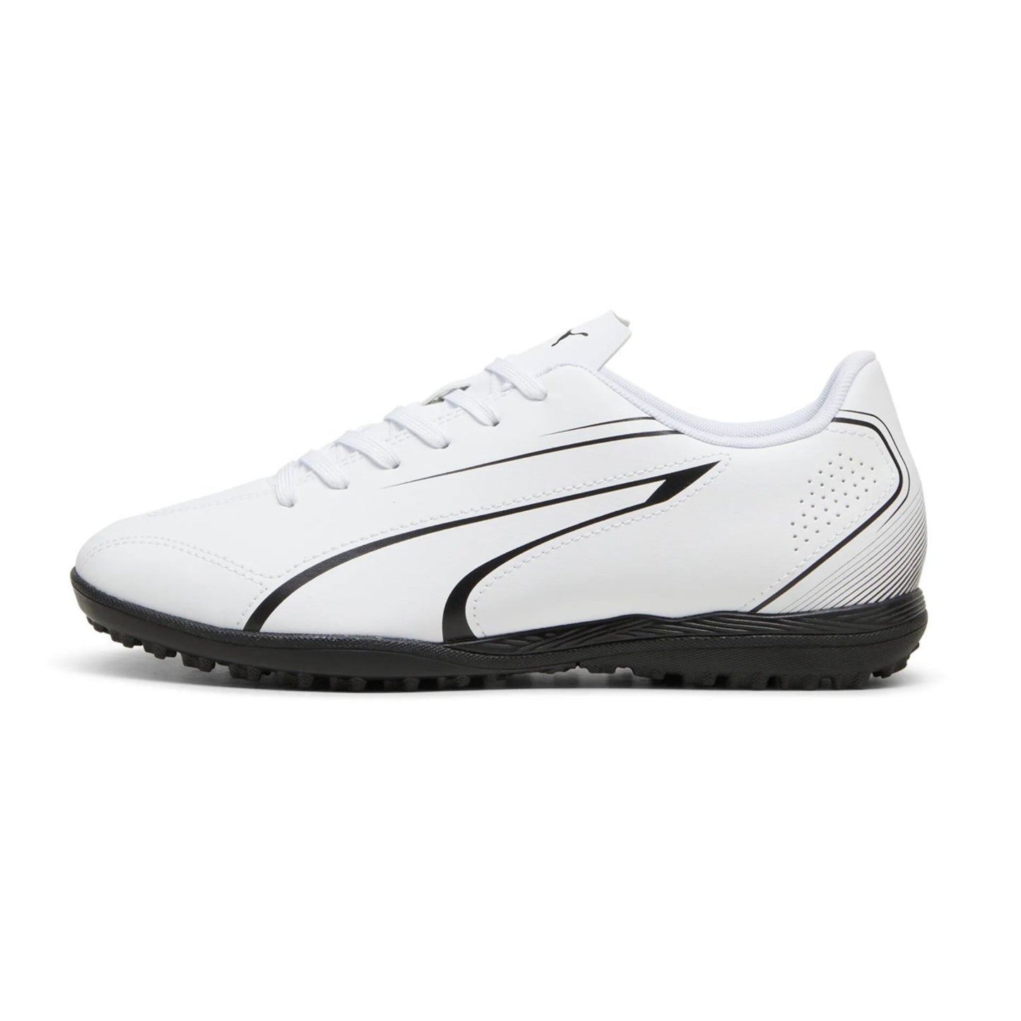 Puma Vitoria TT junior football boots with astro turf soles, black and red design, suitable for youth soccer players.