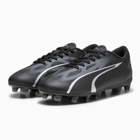 Puma Ultra Play junior football boots in black with red accents, designed for optimal grip on firm and artificial ground surfaces.
