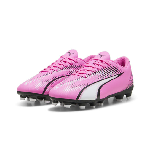 Puma Ultra Play junior football boots with black and white design, suitable for firm ground and artificial grass playing surfaces.