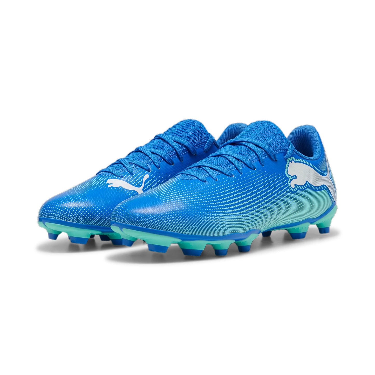 Puma Future 7 Play FG/AG football boots in black with white accents, showing the sleek design and studded sole for soccer play.
