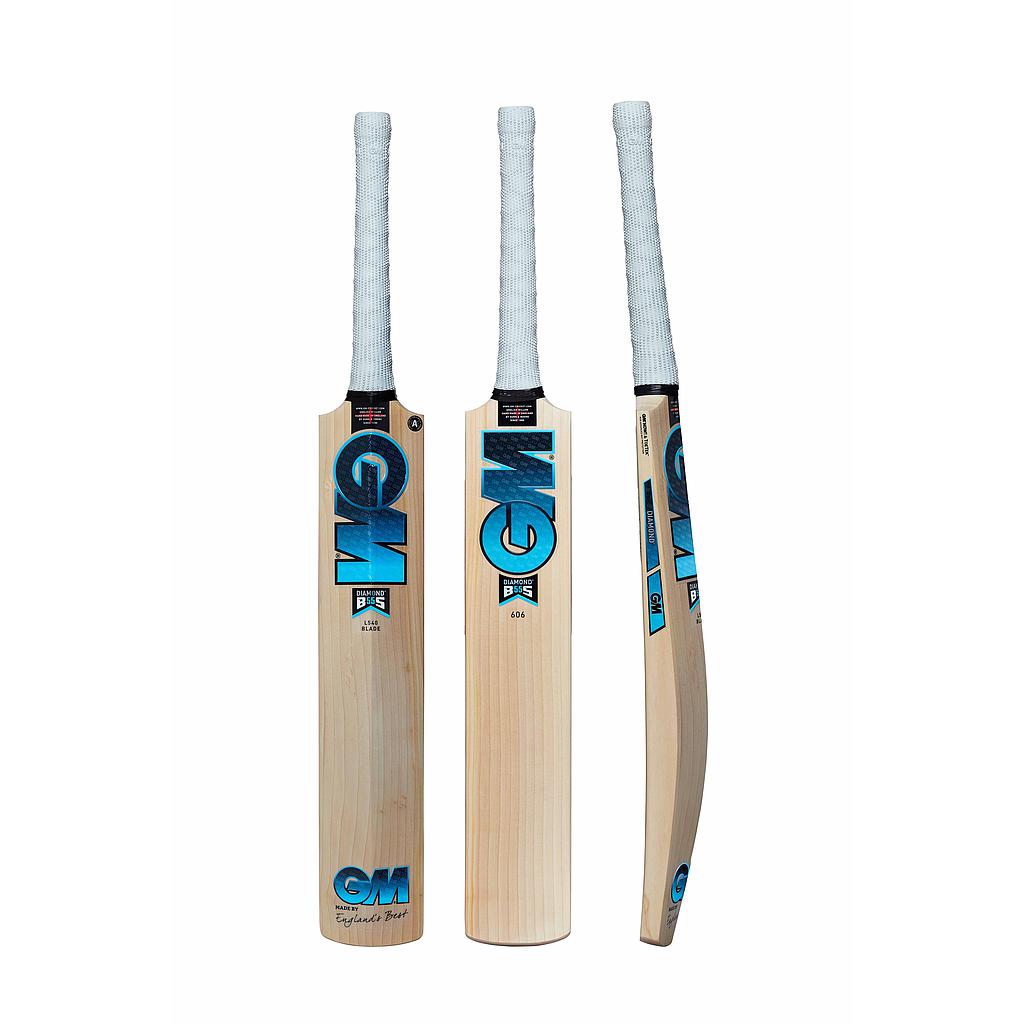 Gunn and Moore GM Diamond 606 English Willow cricket bat with a smooth wooden finish and traditional oval handle.