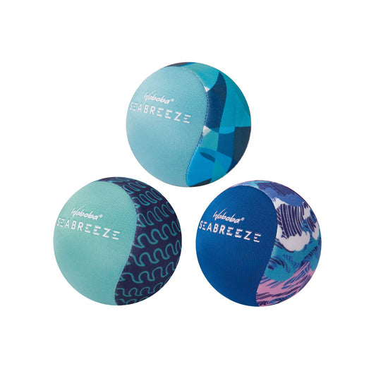 Waboba Seabreeze water bouncing ball for outdoor sports, shown bouncing on water surface in a sporting goods setting.