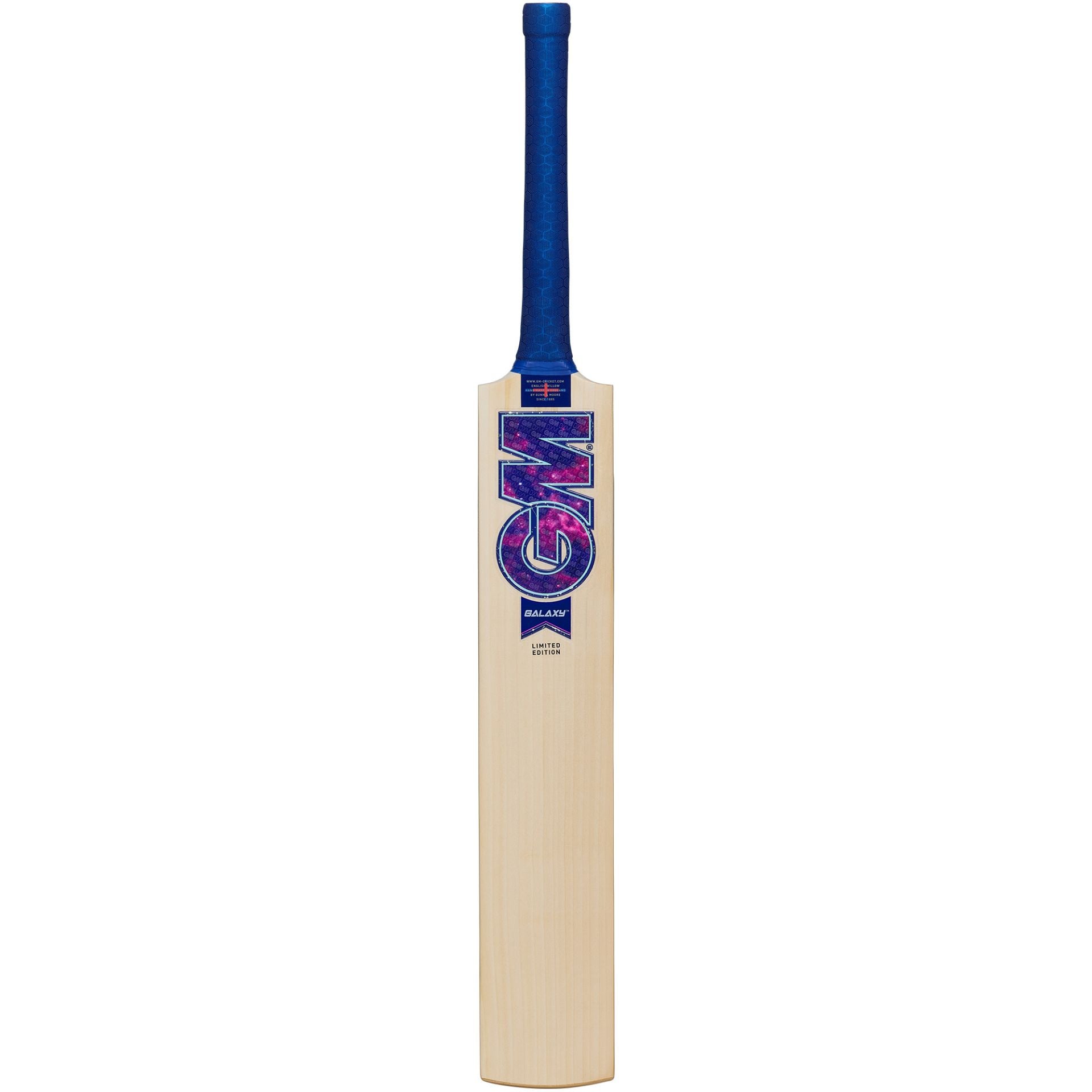 Gunn and Moore GM Galaxy 404 cricket bat with a wooden blade and handle, ready for play in sporting goods setting.