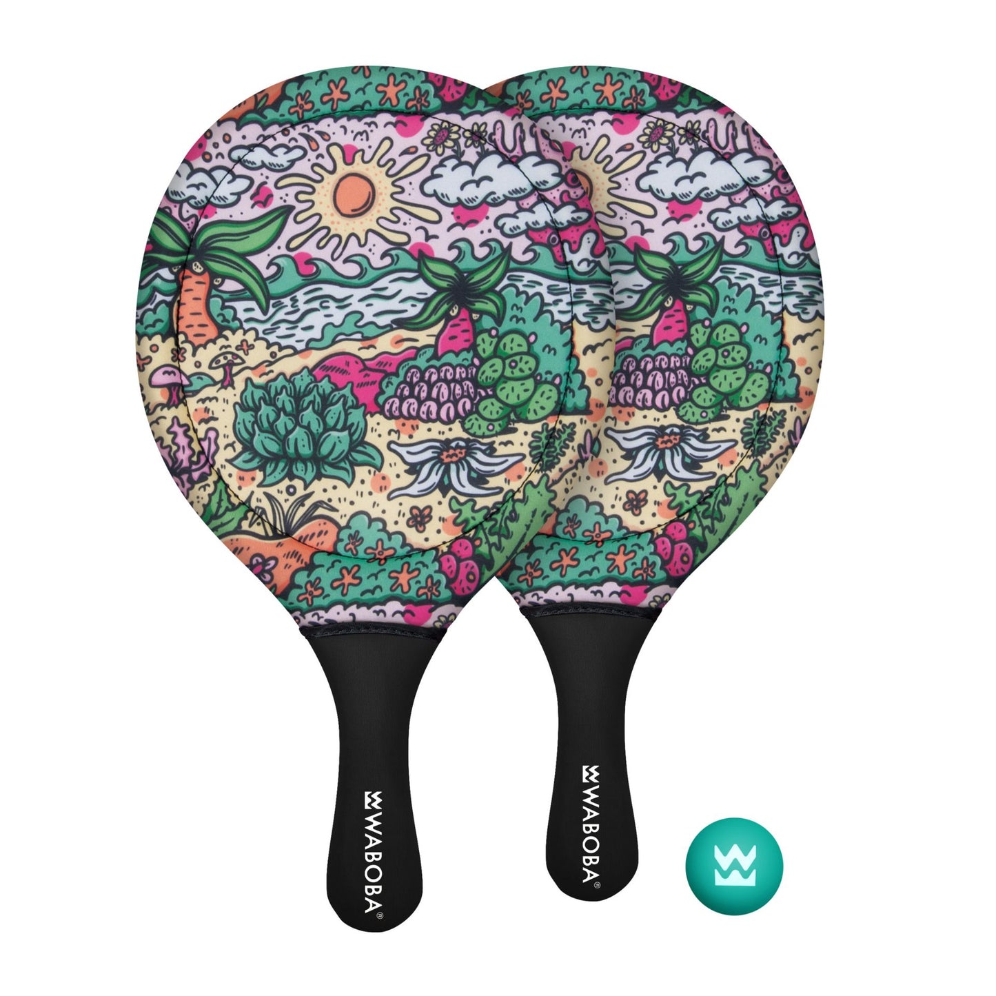 Waboba Beach Paddle for sporting goods, showing a colorful paddle with grip handles and a Waboba logo on the surface.