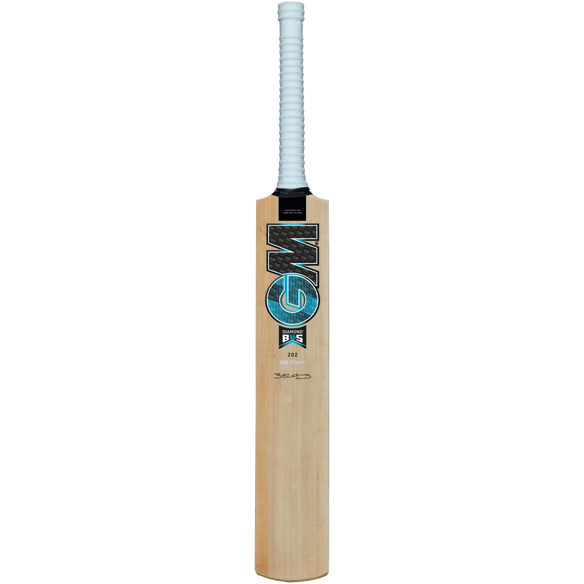 Gunn and Moore GM Diamond 202 Kashmir Willow cricket bat with a wooden handle and polished surface for sporting goods use