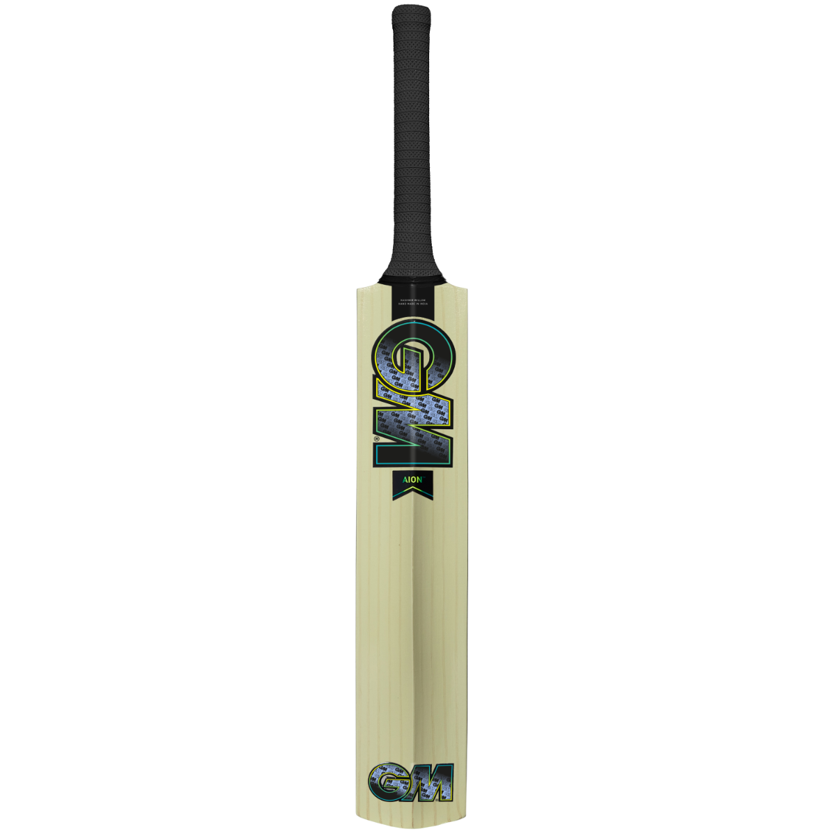 Gunn & Moore GM Aion Kashmir Willow cricket bat shown from the back with a sleek design and sturdy handle for cricket play.