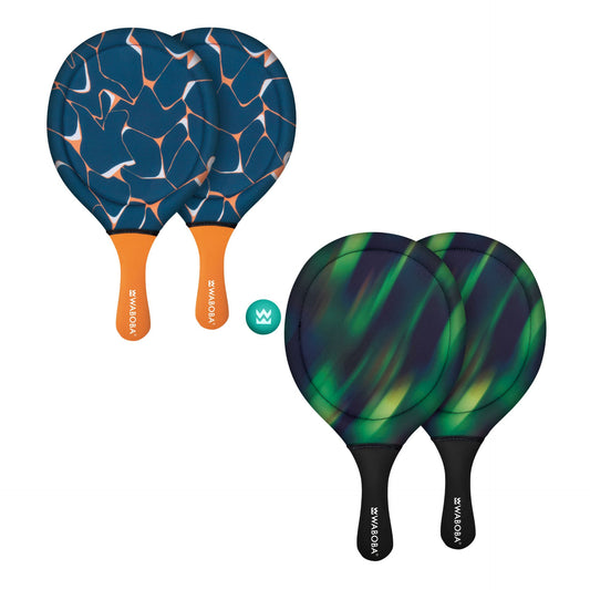 Waboba Beach Paddle Set with ball for beach play, featuring blue paddles and a lightweight ball in a sporting goods image.
