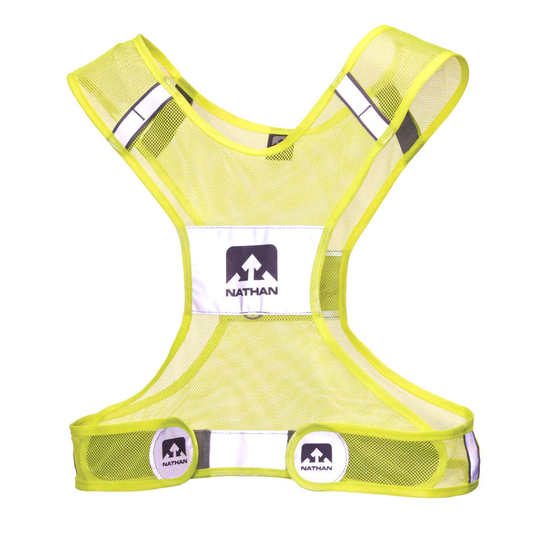 Nathan Streak reflective vest for running, with bright reflective strips and lightweight design for visibility during outdoor exercise.
