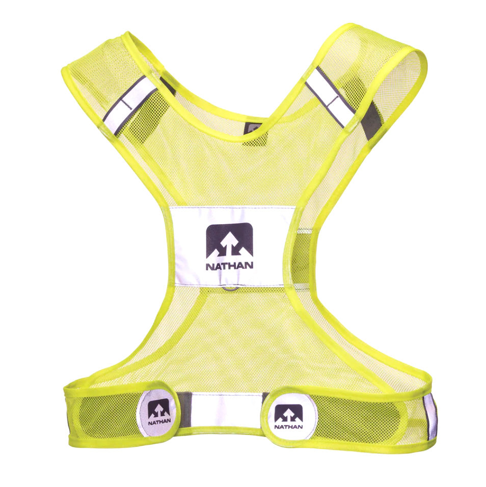 Nathan Streak Reflective Vest for running and outdoor activities, featuring bright reflective panels and adjustable straps.