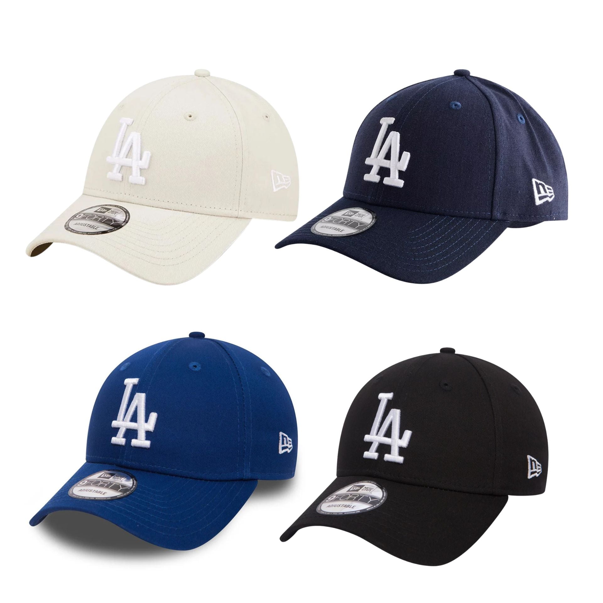 New Era LA Dodgers cap with team logo, navy blue baseball hat, adjustable strap, classic sports headwear.