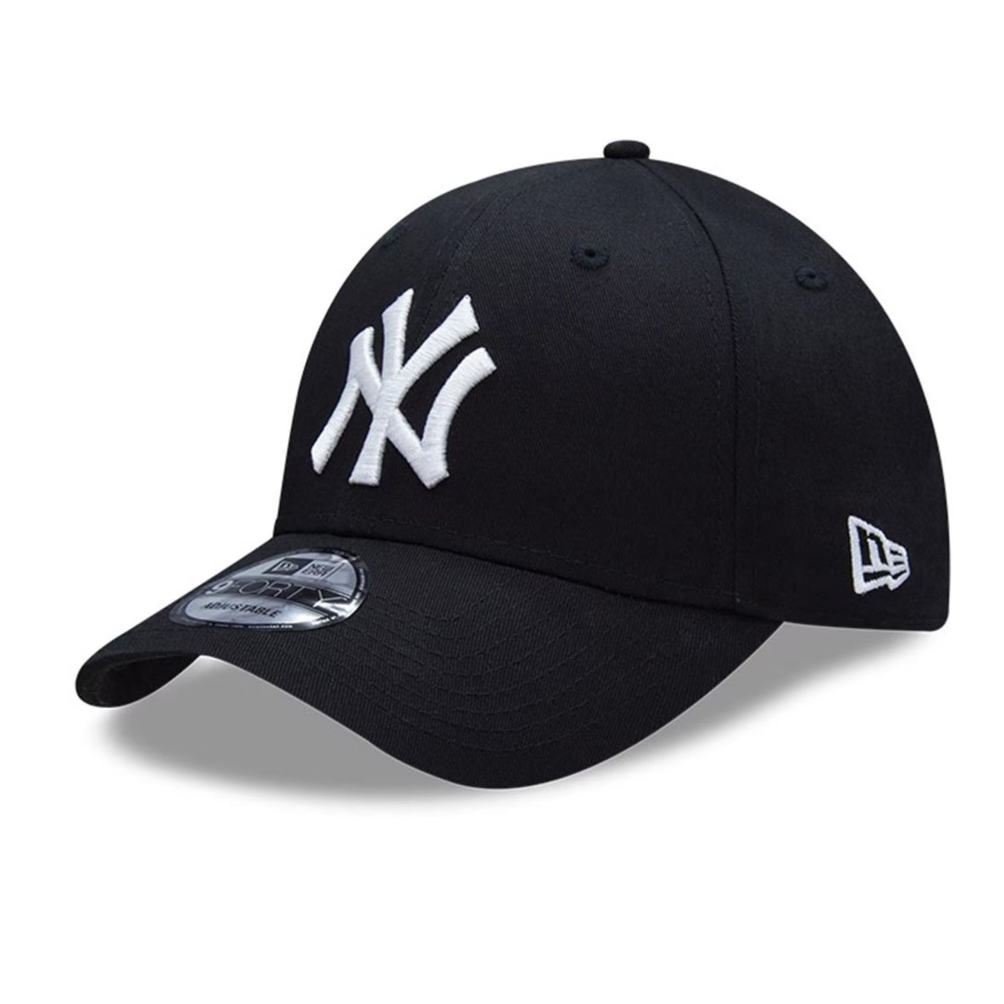 New Era Yankees cap, navy blue baseball hat with embroidered Yankees logo, adjustable strap, sporting goods accessory