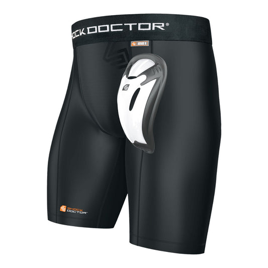 Shock Doctor Core compression short with Bio Flex cup for sports protection, black color, designed for athletic support and safety.