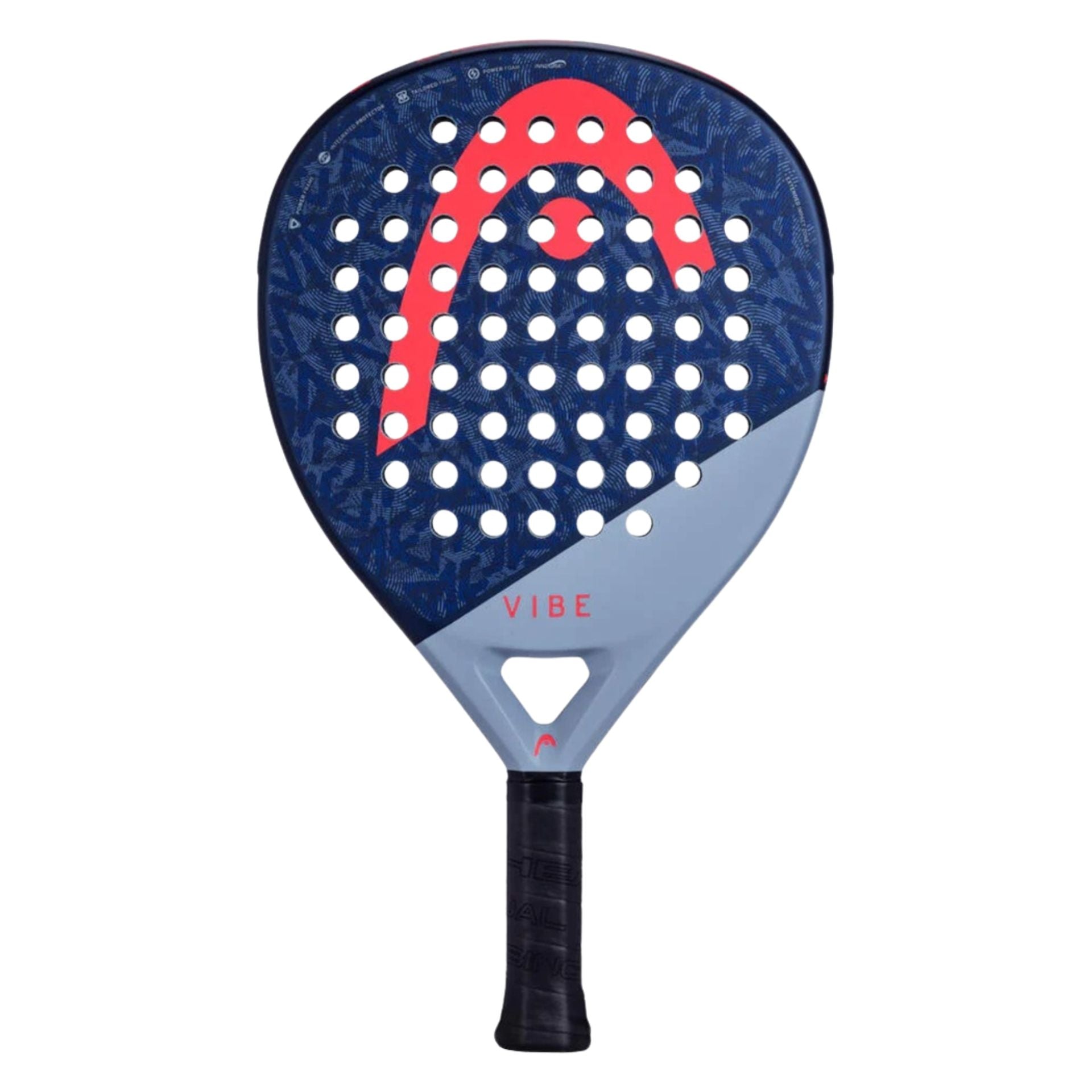 Head Vibe padel racket for sporting goods, featuring a lightweight design with a sleek blue and black finish.