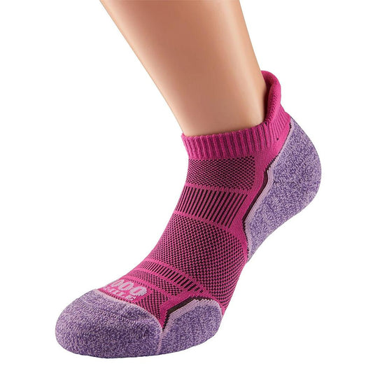 Pair of 1000 Mile Run Socklet ladies' twin pack performance running socks in black and gray, designed for athletic comfort.