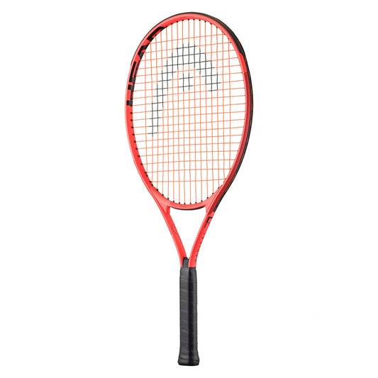 Head Radical tennis racket with Grip 3, featuring a sleek black and red frame and ergonomic handle for improved performance.